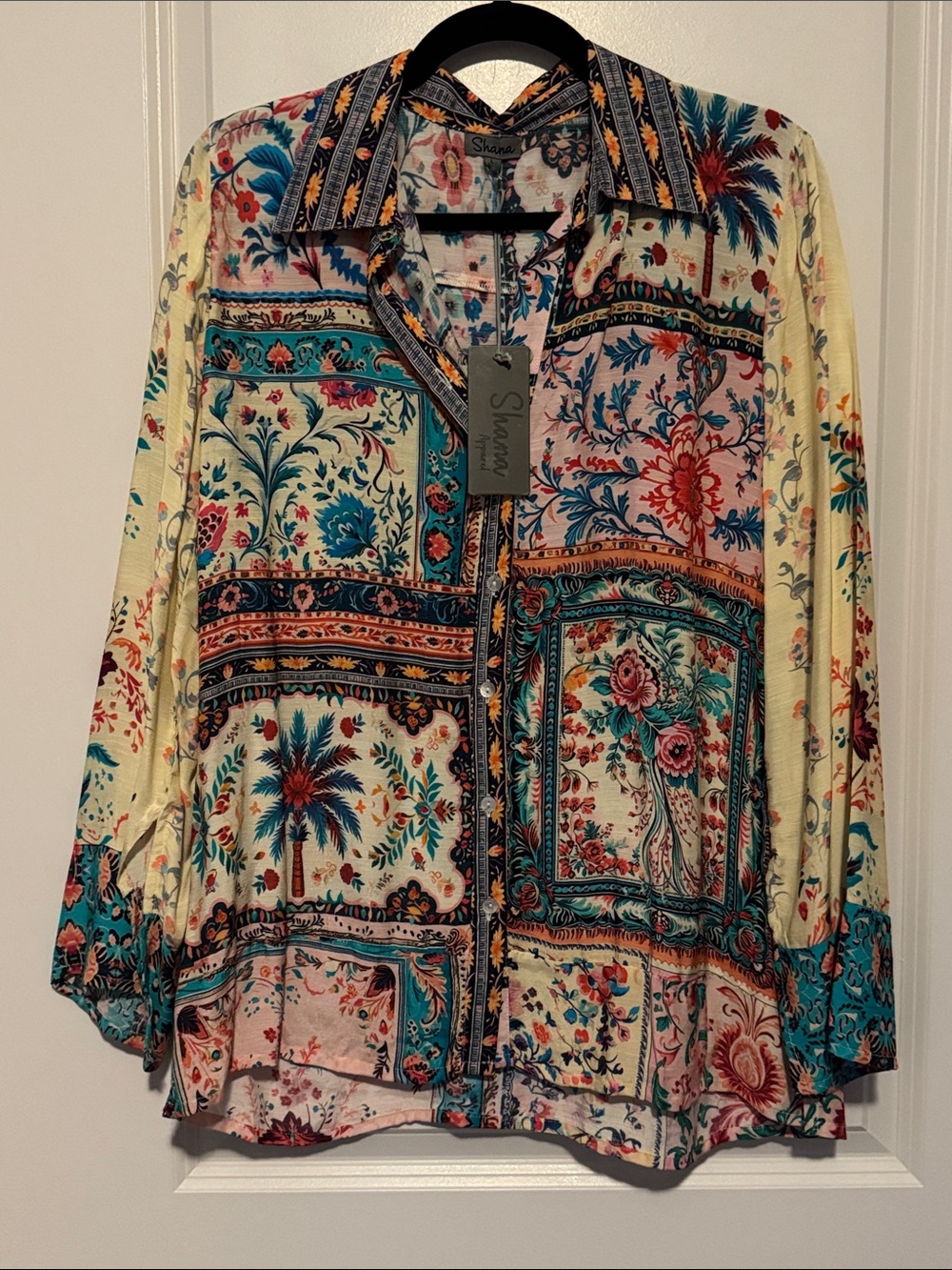 Shanae Cream Multicolor Patchwork Button-Up Blouse